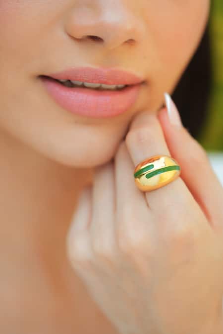 Buy_Varnika Arora_Gold Plated Verdora Green Enamel Ring _Online_at_Aza_Fashions