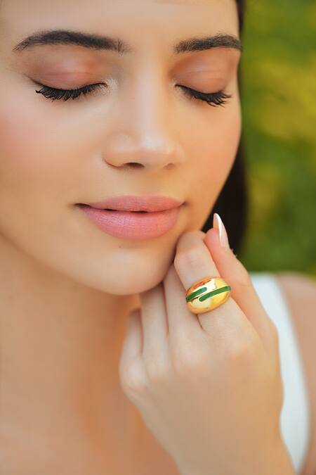 Shop_Varnika Arora_Gold Plated Verdora Green Enamel Ring _Online_at_Aza_Fashions