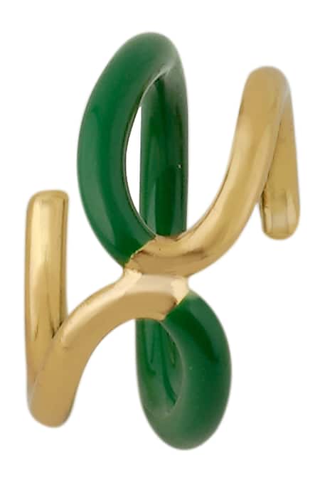 Varnika Arora_Gold Plated Twistie 2-way Green Enamel Ring _Online_at_Aza_Fashions