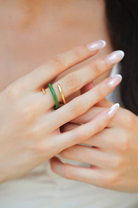 Buy_Varnika Arora_Gold Plated Twistie 2-way Green Enamel Ring _Online_at_Aza_Fashions