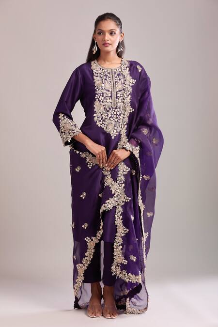 Prisho Purple Embroidery Round Neck Dark Resham Kurta Set Online at Aza Fashions Prisho_Purple Embroidery Round Neck Dark Resham Kurta Set _Online_at_Aza_Fashions