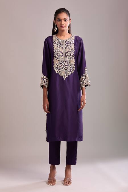 Buy Prisho Purple Embroidery Round Neck Dark Resham Kurta Set Online at Aza Fashions Buy_Prisho_Purple Embroidery Round Neck Dark Resham Kurta Set _Online_at_Aza_Fashions