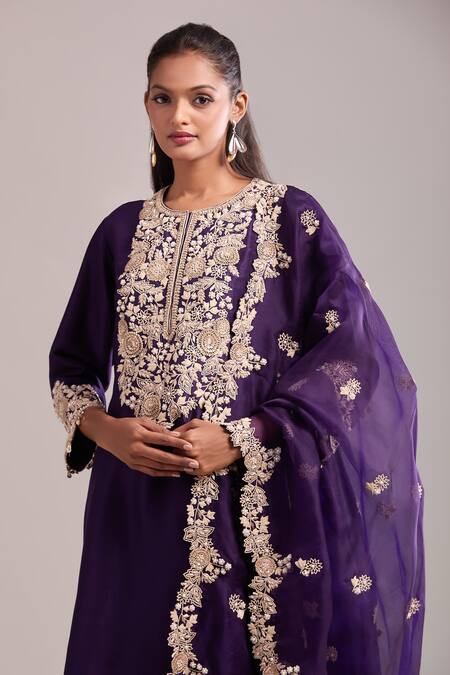 Shop Prisho Purple Embroidery Round Neck Dark Resham Kurta Set Online at Aza Fashions Shop_Prisho_Purple Embroidery Round Neck Dark Resham Kurta Set _Online_at_Aza_Fashions