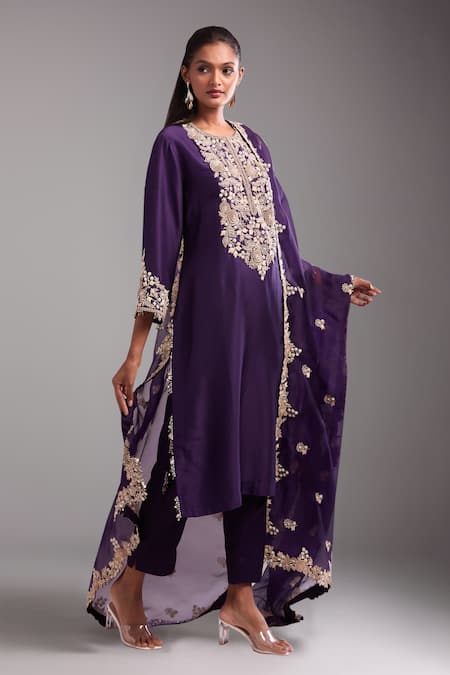 Prisho Dark Purple Resham Embroidered Kurta Set 