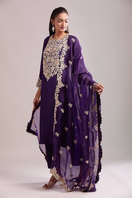 Prisho Purple Embroidery Round Neck Dark Resham Kurta Set at Aza Fashions Prisho_Purple Embroidery Round Neck Dark Resham Kurta Set _at_Aza_Fashions