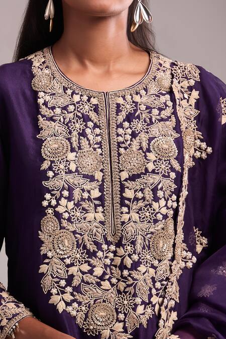 Shop Prisho Purple Embroidery Round Neck Dark Resham Kurta Set Shop_Prisho_Purple Embroidery Round Neck Dark Resham Kurta Set