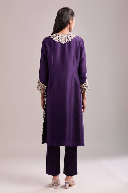 Shop Prisho Purple Embroidery Round Neck Dark Resham Kurta Set at Aza Fashions Shop_Prisho_Purple Embroidery Round Neck Dark Resham Kurta Set _at_Aza_Fashions