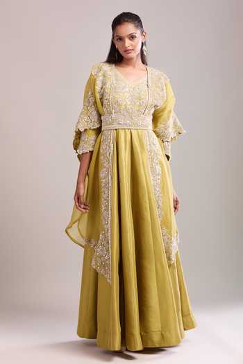 Buy_Prisho_Olive Green Gota Patti, Embroidery V-neck Anarkali Set _Online_at_Aza_Fashions