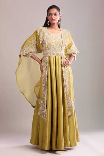 Shop_Prisho_Olive Green Gota Patti, Embroidery V-neck Anarkali Set _Online_at_Aza_Fashions