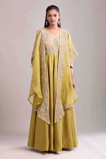 Prisho_Olive Green Gota Patti, Embroidery V-neck Anarkali Set _at_Aza_Fashions