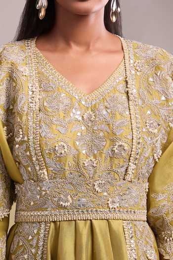 Shop_Prisho_Olive Green Gota Patti, Embroidery V-neck Anarkali Set 