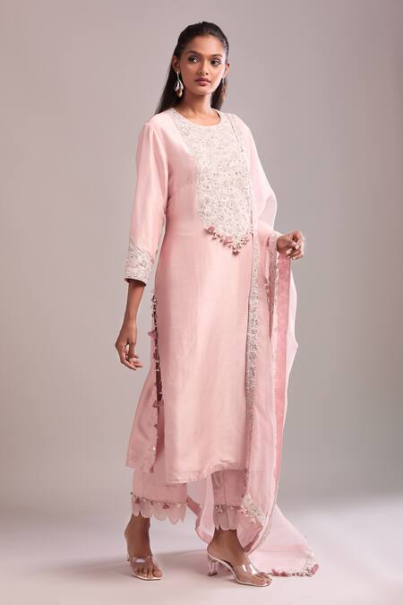 Prisho_Pink Embroidery Round Neck Flamingo Pita Work Kurta Set _Online_at_Aza_Fashions