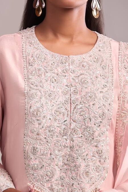 Shop_Prisho_Pink Embroidery Round Neck Flamingo Pita Work Kurta Set _Online_at_Aza_Fashions