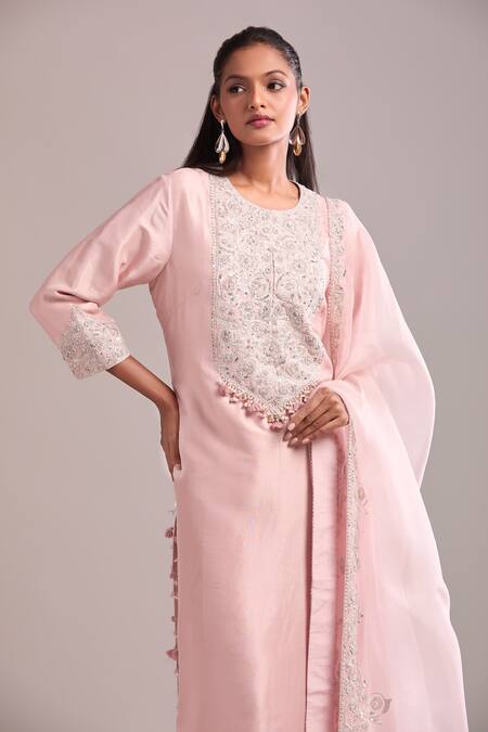 Prisho_Pink Embroidery Round Neck Flamingo Pita Work Kurta Set _at_Aza_Fashions