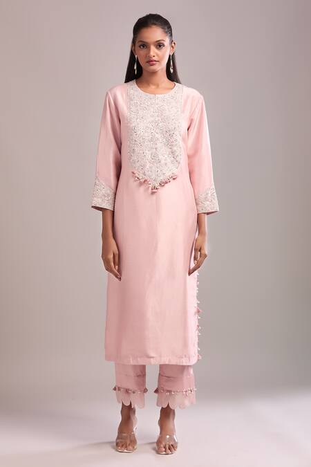 Buy_Prisho_Pink Embroidery Round Neck Flamingo Pita Work Kurta Set 