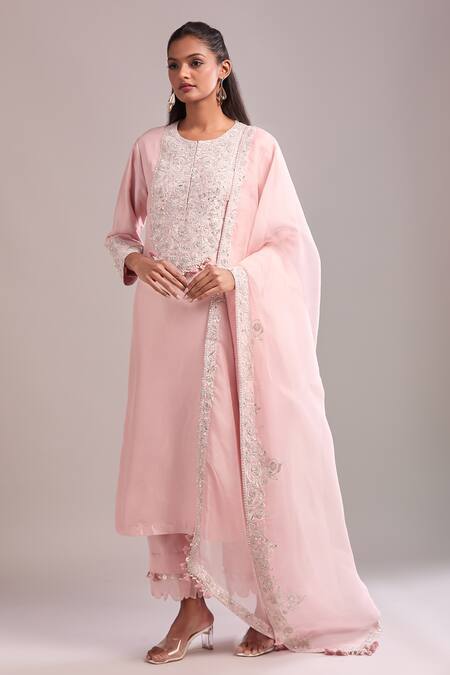 Shop_Prisho_Pink Embroidery Round Neck Flamingo Pita Work Kurta Set 