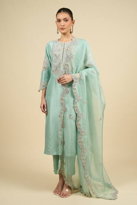 Prisho_Blue Embroidery, Gota Patti Round Neck Aqua Work Kurta Set _Online_at_Aza_Fashions