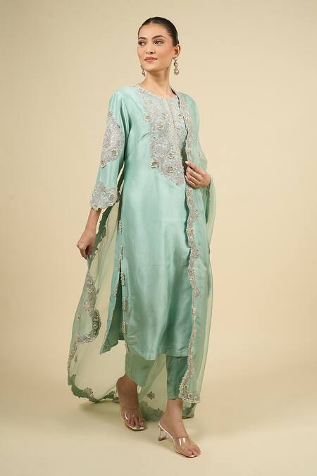 Buy_Prisho_Blue Embroidery, Gota Patti Round Neck Aqua Work Kurta Set _Online_at_Aza_Fashions