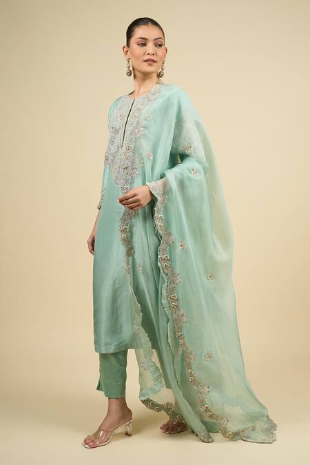 Shop_Prisho_Blue Embroidery, Gota Patti Round Neck Aqua Work Kurta Set _Online_at_Aza_Fashions