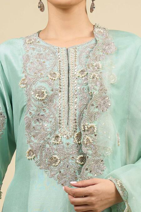 Buy_Prisho_Blue Embroidery, Gota Patti Round Neck Aqua Work Kurta Set 