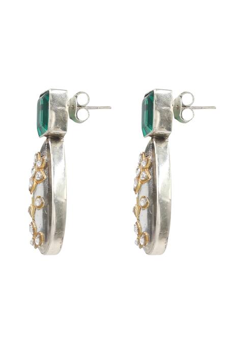Sangeeta Boochra_Green Imitation Gemstones Emerald Silver Earrings _Online_at_Aza_Fashions