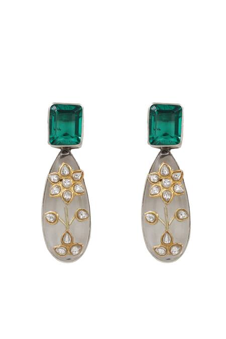 Buy_Sangeeta Boochra_Green Imitation Gemstones Emerald Silver Earrings _Online_at_Aza_Fashions