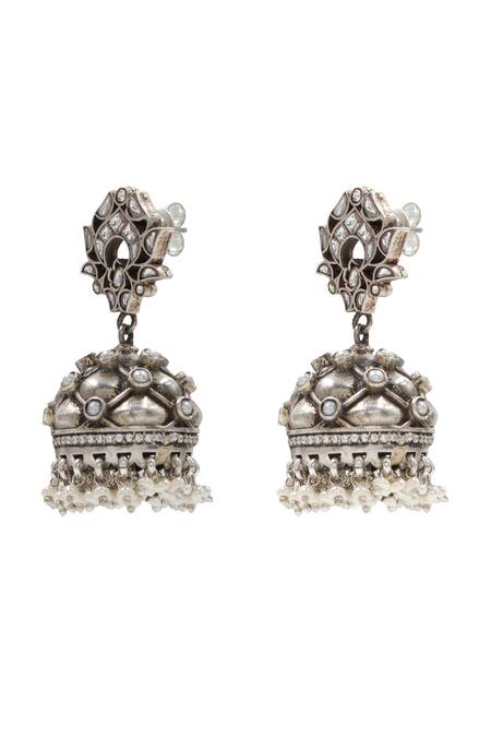 Shop_Sangeeta Boochra_Silver Plated Zari Kundan Earrings _Online_at_Aza_Fashions