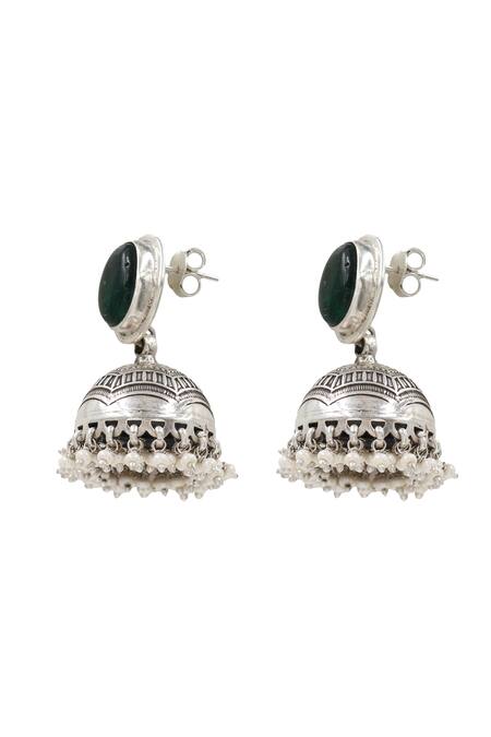 Sangeeta Boochra_Green Onyx Silver Designer Earrings _Online_at_Aza_Fashions