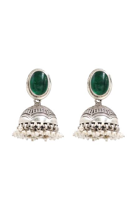 Buy_Sangeeta Boochra_Green Onyx Silver Designer Earrings _Online_at_Aza_Fashions