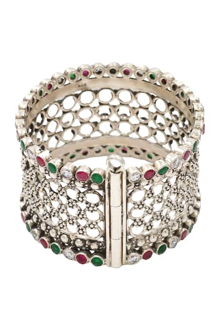 Sangeeta Boochra_Red Kundan Silver Designer Bangle _Online_at_Aza_Fashions