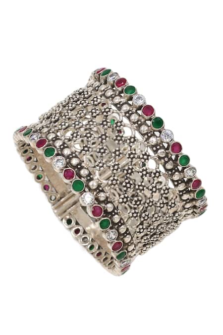 Buy_Sangeeta Boochra_Red Kundan Silver Designer Bangle _Online_at_Aza_Fashions