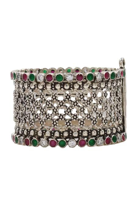 Shop_Sangeeta Boochra_Red Kundan Silver Designer Bangle _Online_at_Aza_Fashions