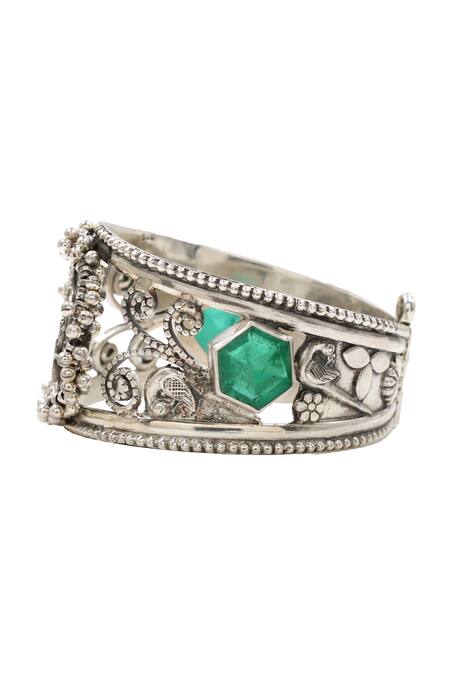 Buy_Sangeeta Boochra_Green Designer Silver Bangle _Online_at_Aza_Fashions