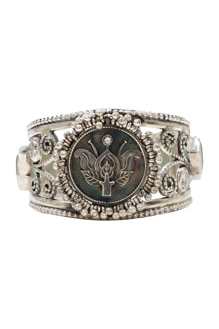 Shop_Sangeeta Boochra_Green Designer Silver Bangle _Online_at_Aza_Fashions