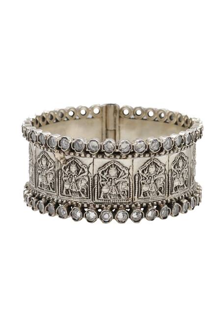 Sangeeta Boochra_Silver Plated Crystals Designer Checkered Bangle _Online_at_Aza_Fashions