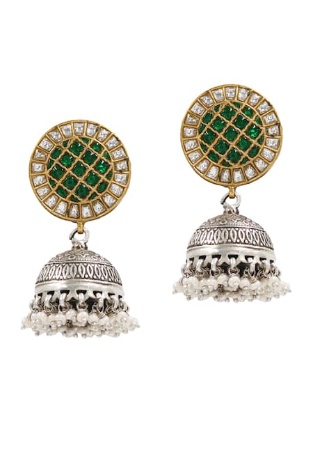 Sangeeta Boochra_Green Kundan Silver Designer Earrings _Online_at_Aza_Fashions