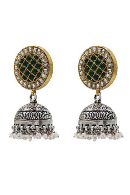 Buy_Sangeeta Boochra_Green Kundan Silver Designer Earrings _Online_at_Aza_Fashions