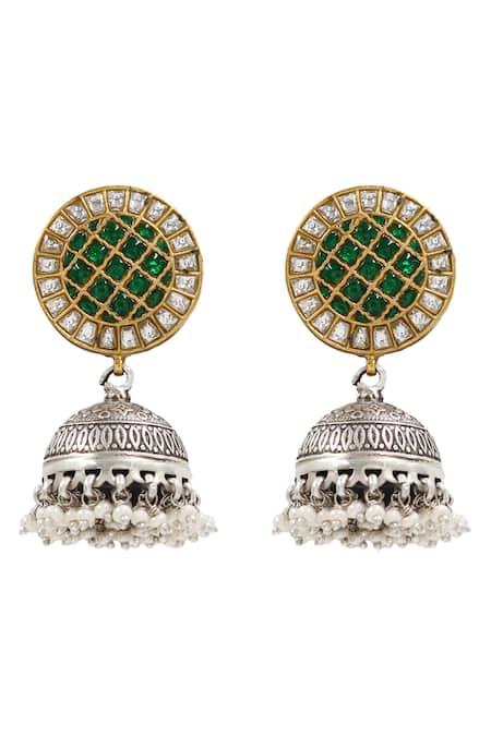 Shop_Sangeeta Boochra_Green Kundan Silver Designer Earrings _Online_at_Aza_Fashions