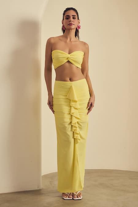 Label Frow Yellow Lycra Sweetheart Neck Yasmin Skirt Set 