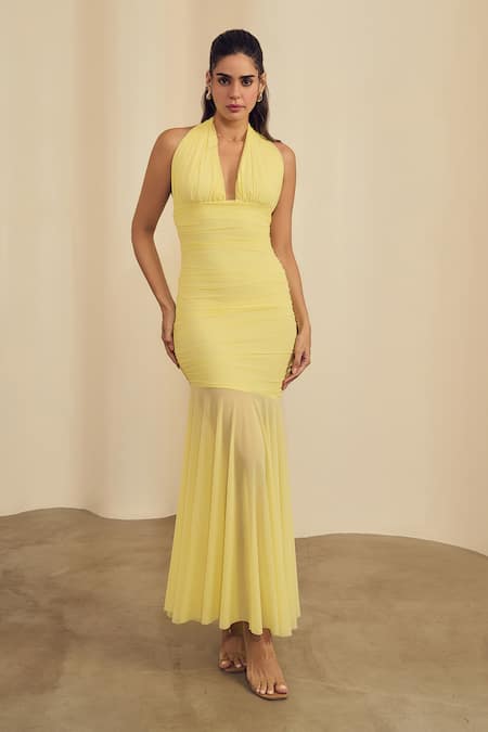 Label Frow Yellow Lycra, Net Halter Neck Ruched Maxi Dress 