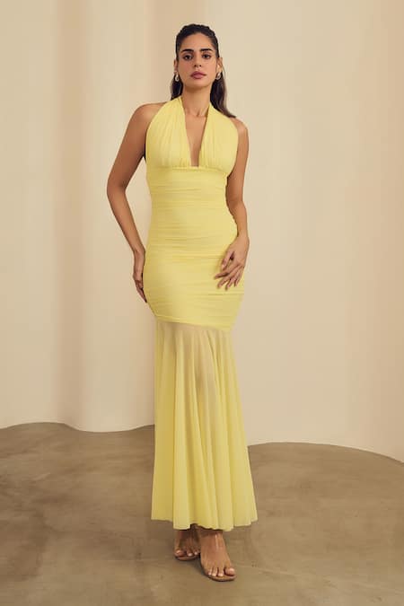 Buy_Label Frow_Yellow Lycra, Net Halter Neck Ruched Maxi Dress_Online_at_Aza_Fashions