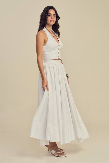 Label Frow_White Cotton Halter Neck Sylvie Midi Skirt Set_Online_at_Aza_Fashions