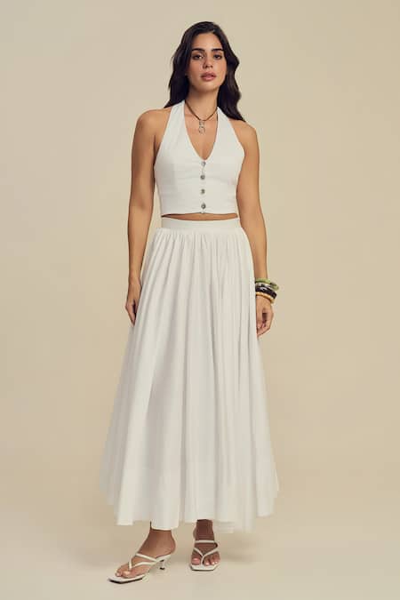Label Frow White Cotton Halter Neck Sylvie Midi Skirt Set 