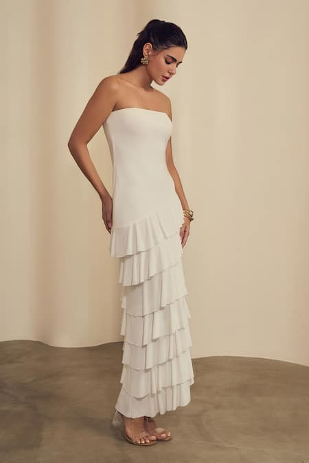 Label Frow_White Lycra Off-shoulder, Bandeau Neck Strapless Layered Midi Dress_Online_at_Aza_Fashions