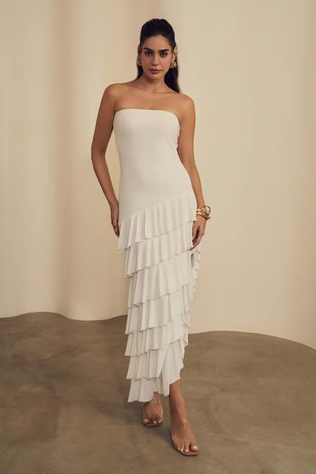 Label Frow White Lycra Off-shoulder, Bandeau Neck Strapless Layered Midi Dress 