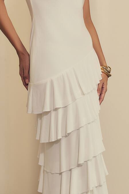 Shop_Label Frow_White Lycra Off-shoulder, Bandeau Neck Strapless Layered Midi Dress_Online_at_Aza_Fashions