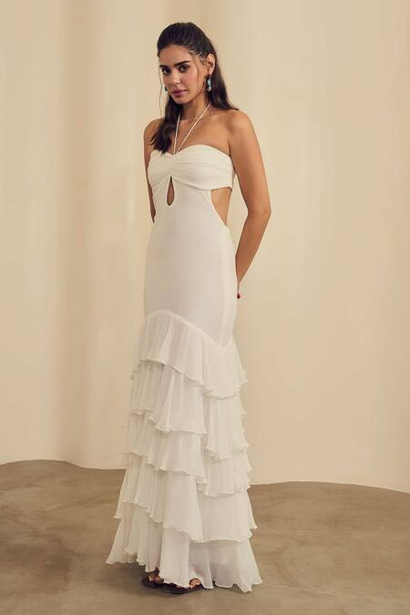 Label Frow_White Georgette Sweetheart Neck Zehra Maxi Dress_Online_at_Aza_Fashions