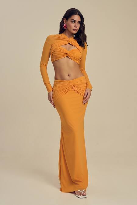 Label Frow_Orange Lycra, Net V-neck Horizon Maxi Skirt Set_Online_at_Aza_Fashions