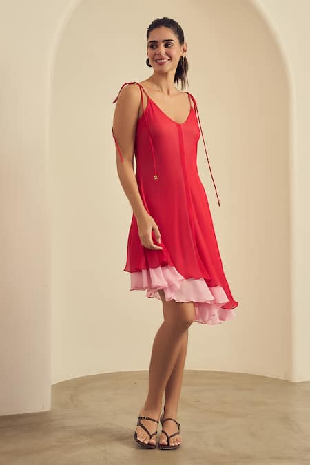 Label Frow Red Georgette V-neck Cherry Asymmetrical Dress 