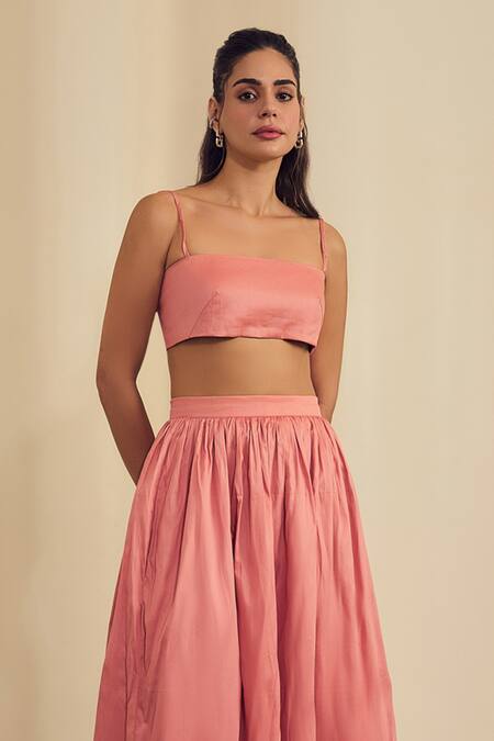 Label Frow_Pink Cotton Satin Square Neck Gathered Flared Maxi Skirt Set_Online_at_Aza_Fashions